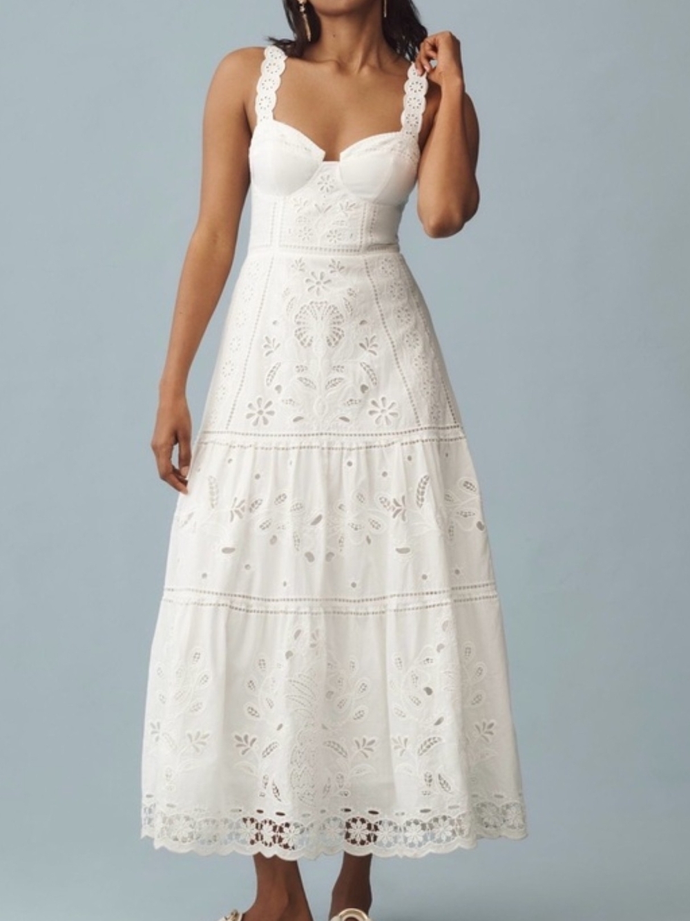 Farm Rio White Floral Eyelet Embroidered Square Neck Midi Dress M Back Zip